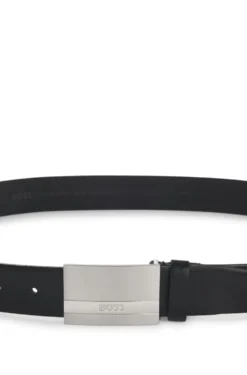 Italian-made leather belt with engraved plaque buckle