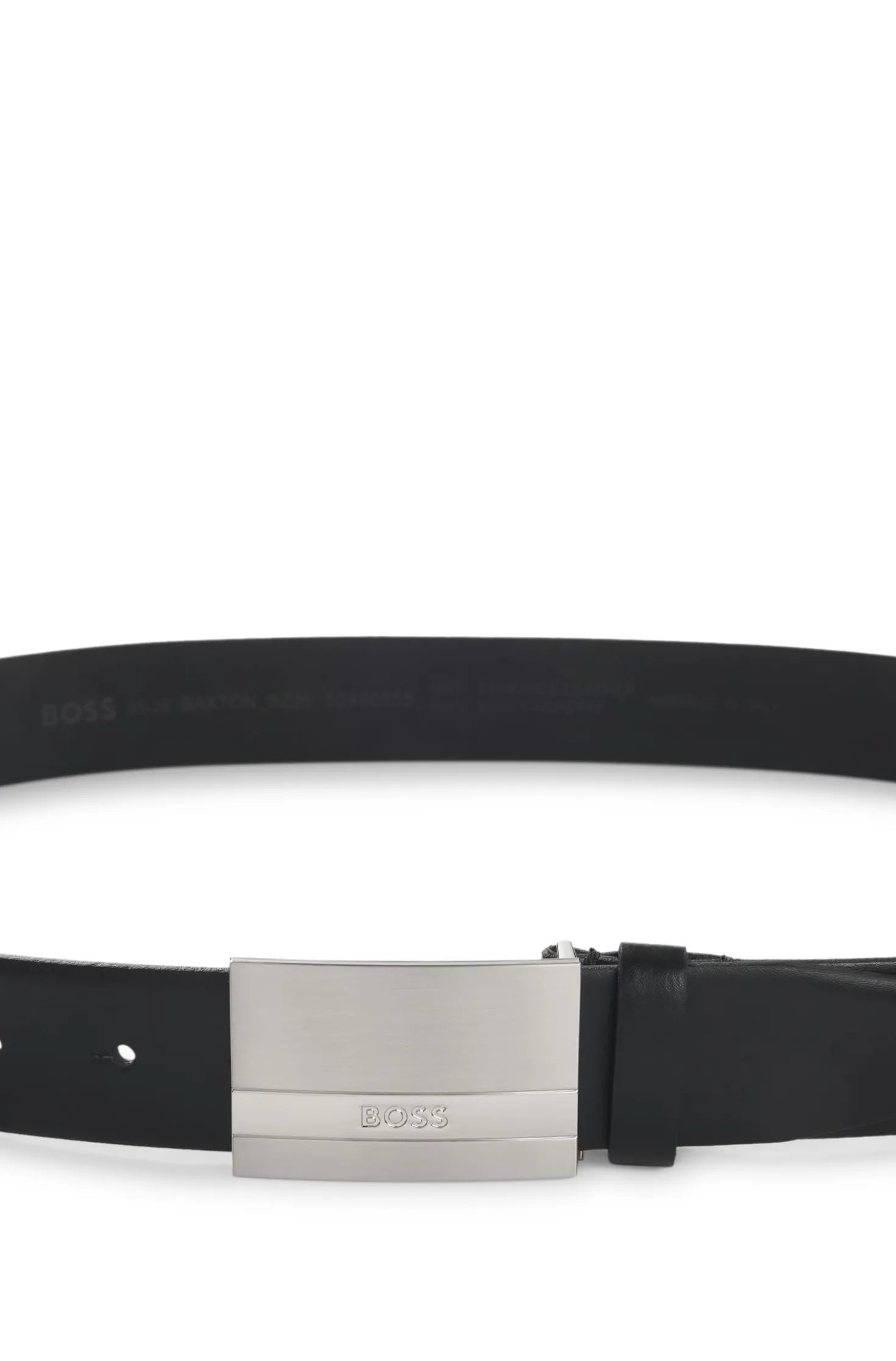 Italian-made leather belt with engraved plaque buckle