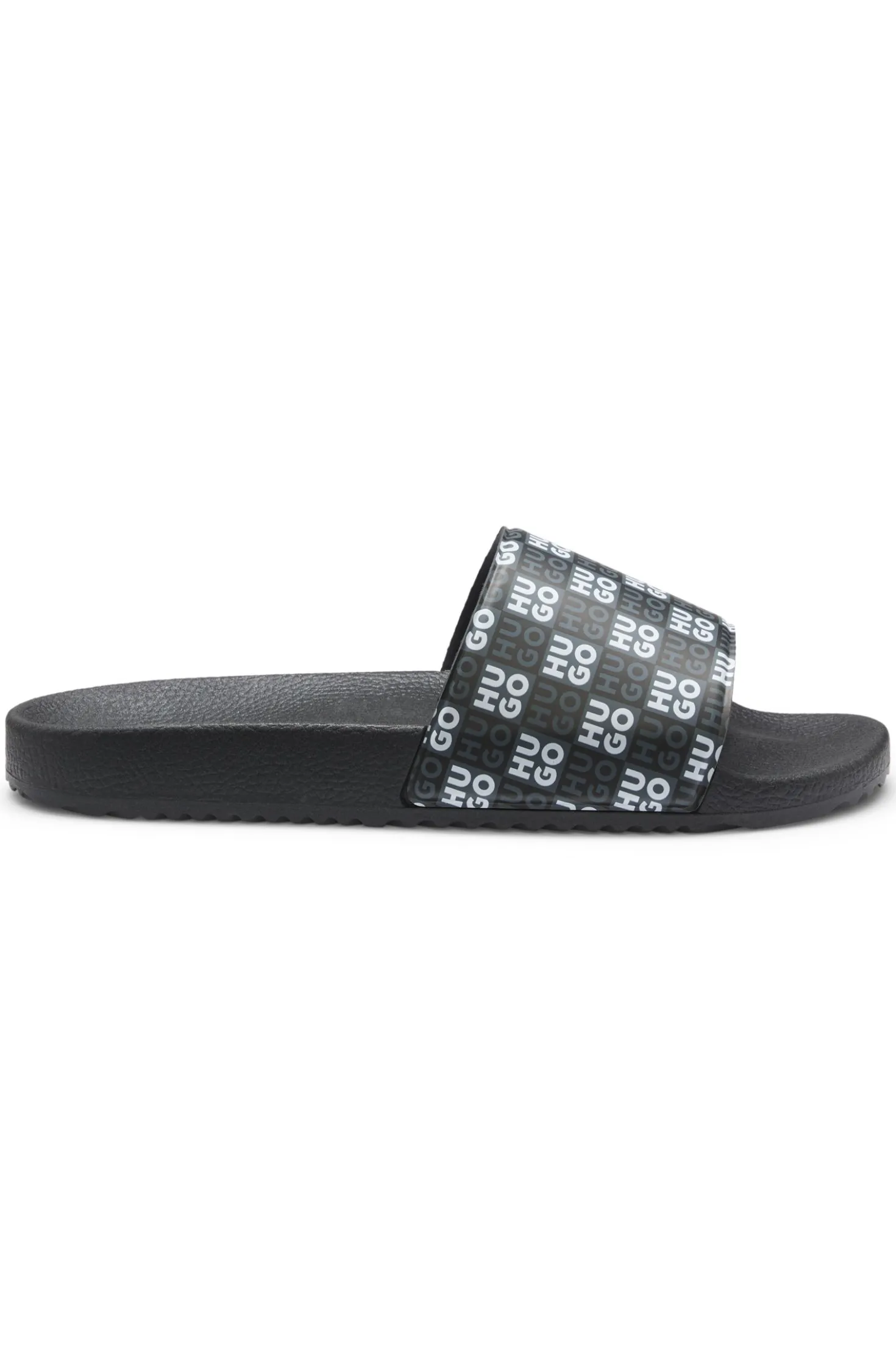Italian-made slides with stacked-logo strap