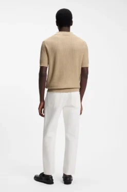 Johnny-collar knit polo in a cotton-linen jacquard