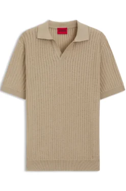Johnny-collar knit polo in a cotton-linen jacquard