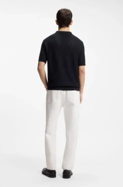 Johnny-collar knit polo in a cotton-linen jacquard