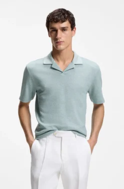 Johnny-collar polo shirt in cotton, linen and silk