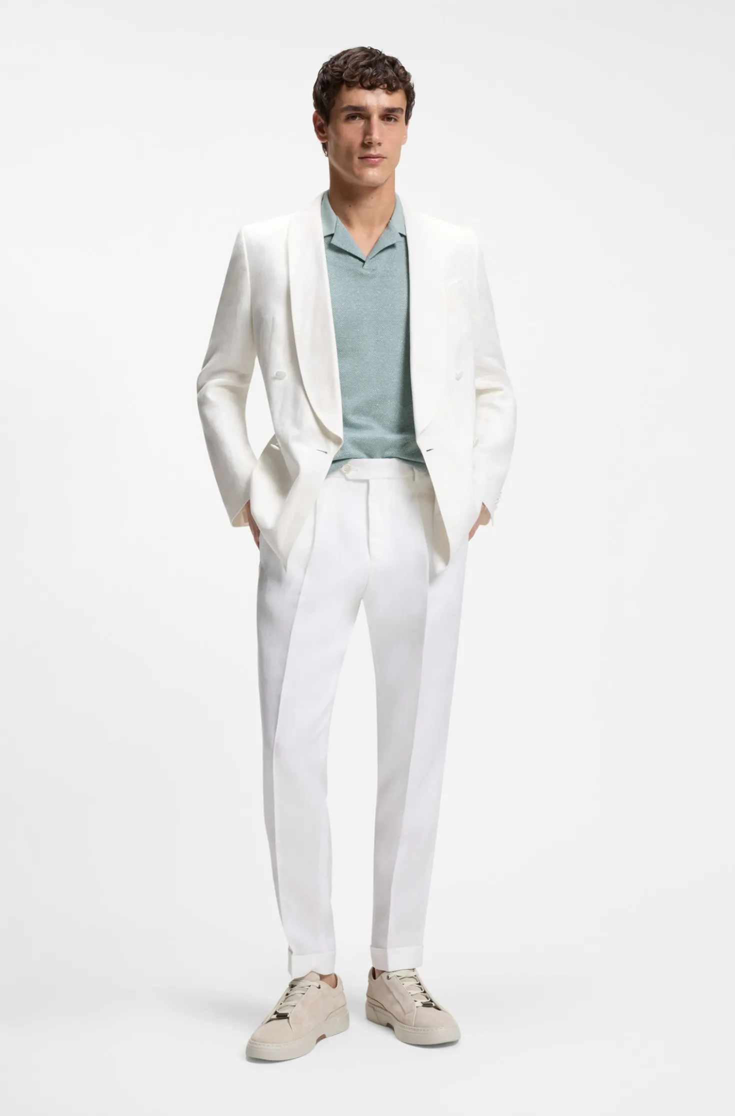 Johnny-collar polo shirt in cotton, linen and silk