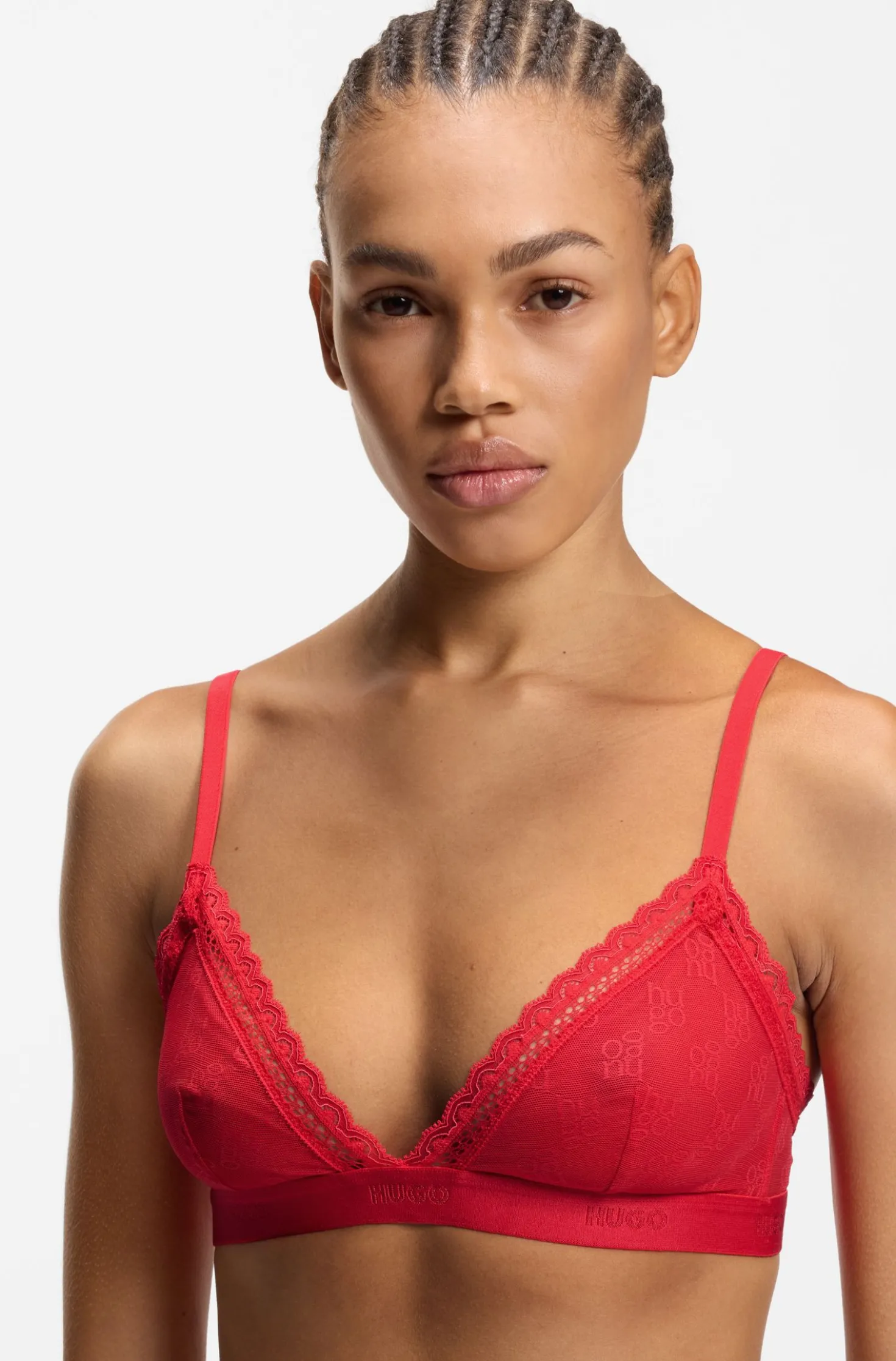 Lace triangle bra with logo waistband
