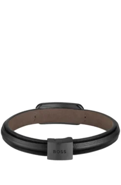 Layered leather cuff with branded black metallic link