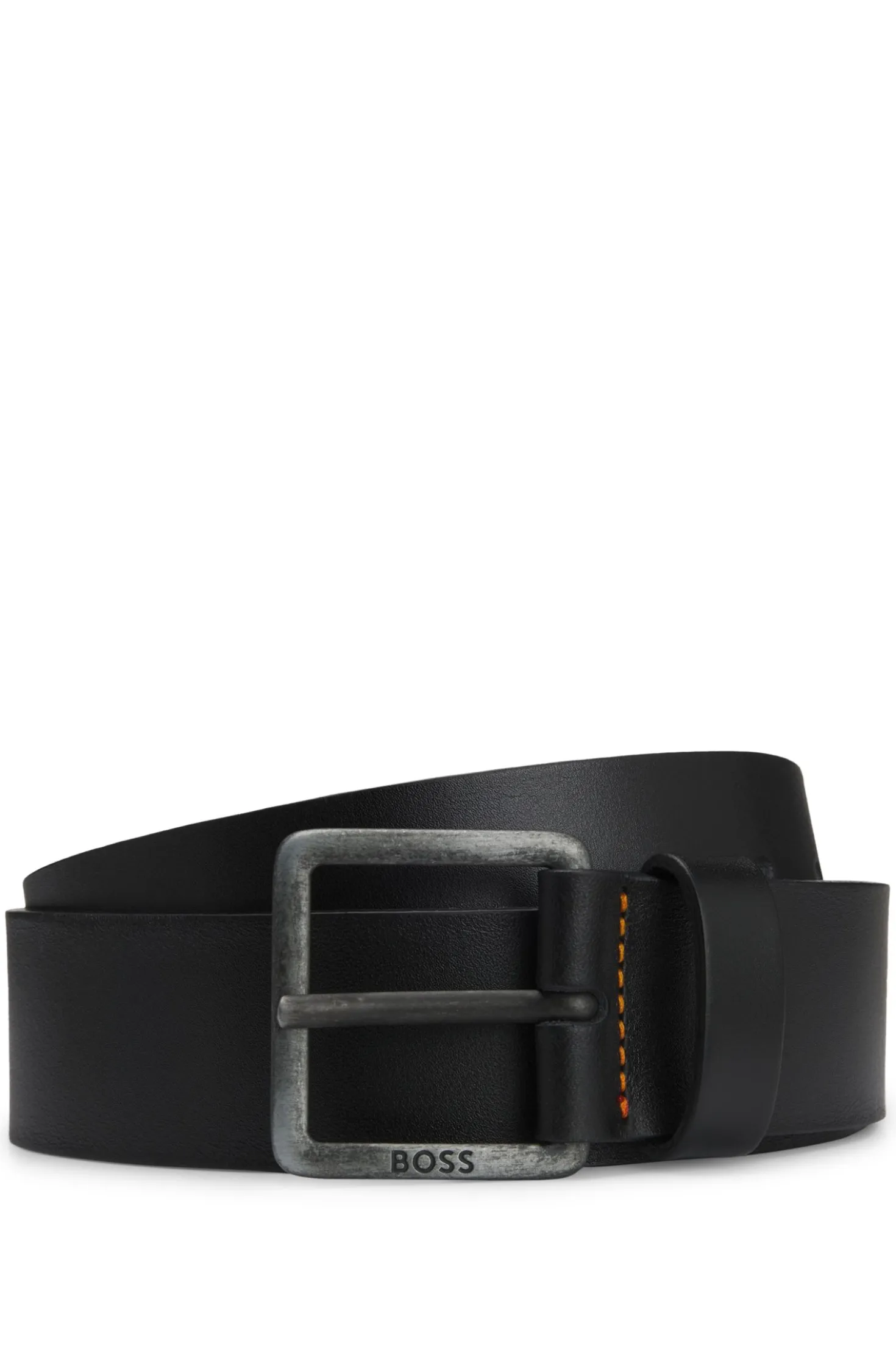 Leather belt with logo buckle