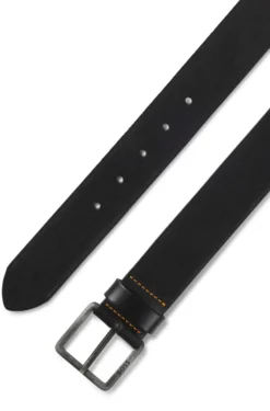 Leather belt with logo buckle