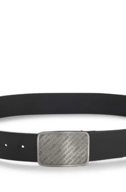 Leather belt with repeat-logo plaque buckle