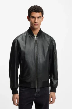 Leather bomber jacket with sleeve pocket