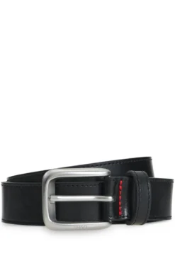 Leather business belt with logo-engraved buckle