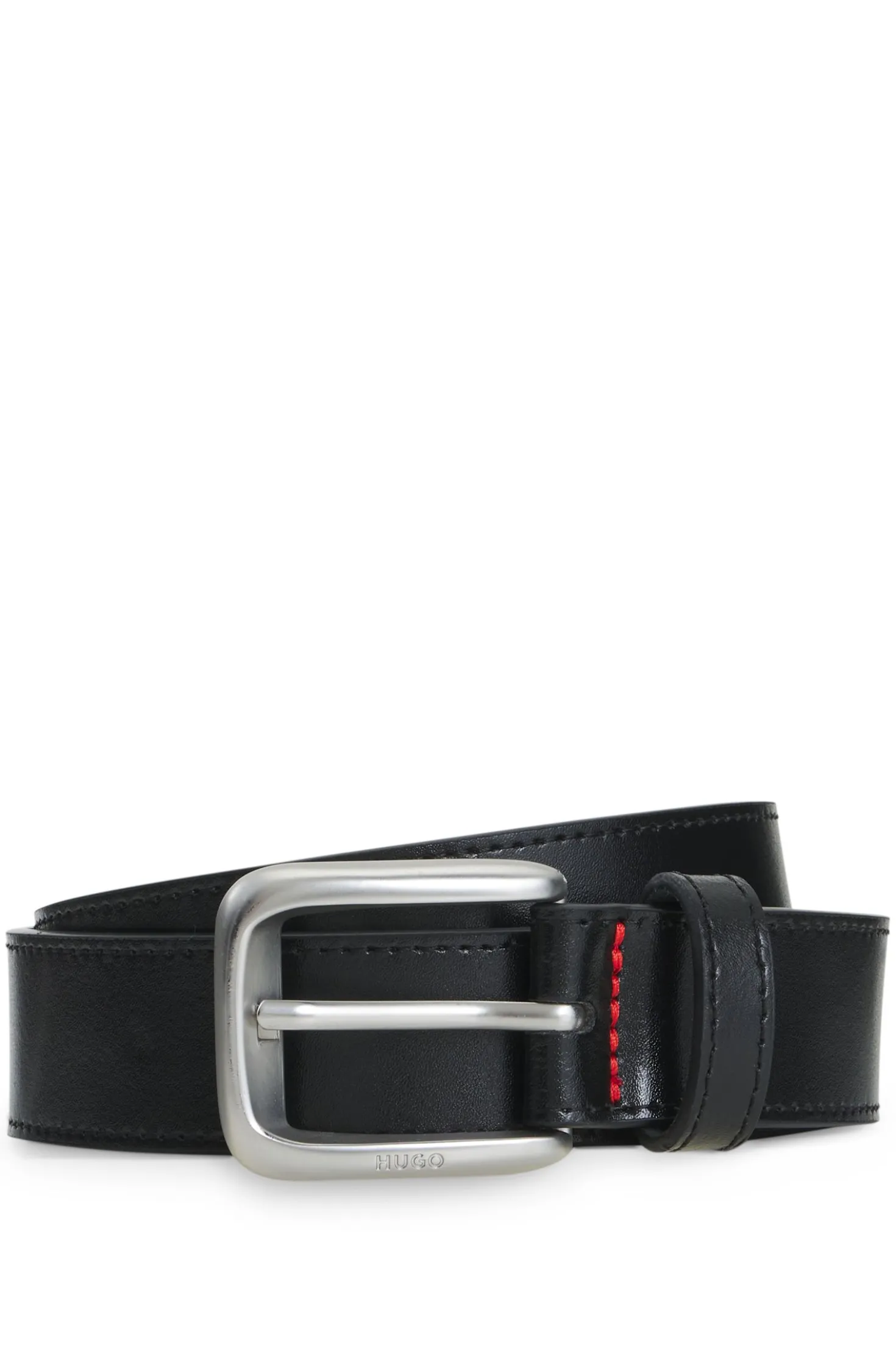 Leather business belt with logo-engraved buckle