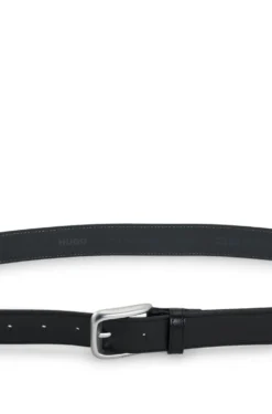 Leather business belt with logo-engraved buckle