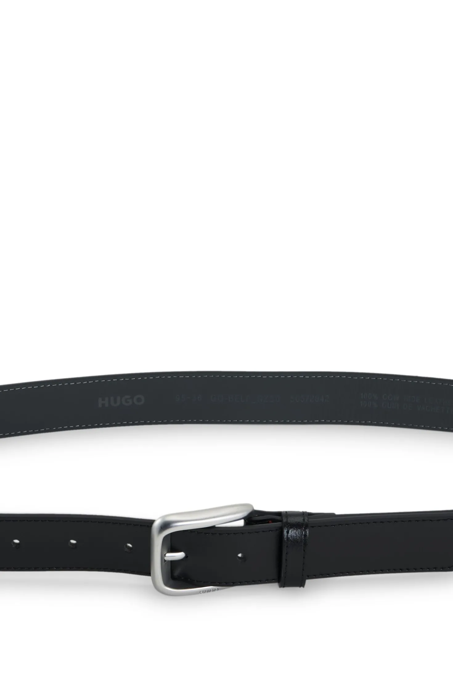 Leather business belt with logo-engraved buckle