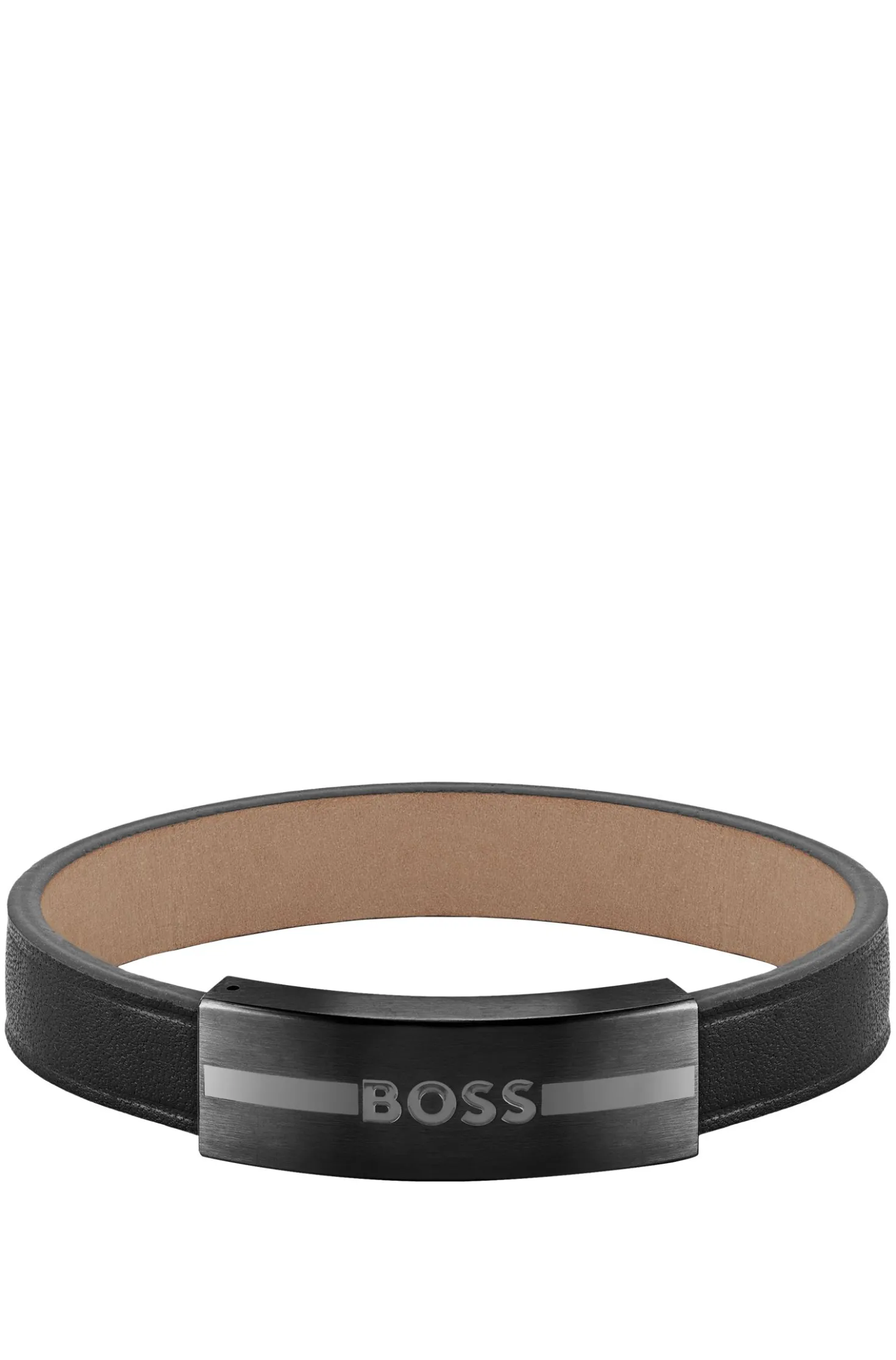 Leather cuff with metal enamel-filled-logo plate