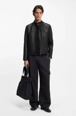 Leather jacket with piped details