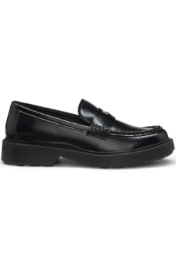 Leather loafers with penny trim and stacked logo