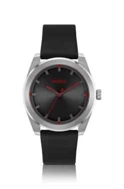 Leather-strap watch with brushed black dial
