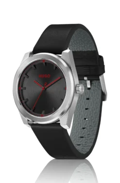 Leather-strap watch with brushed black dial