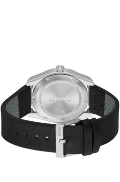 Leather-strap watch with brushed black dial