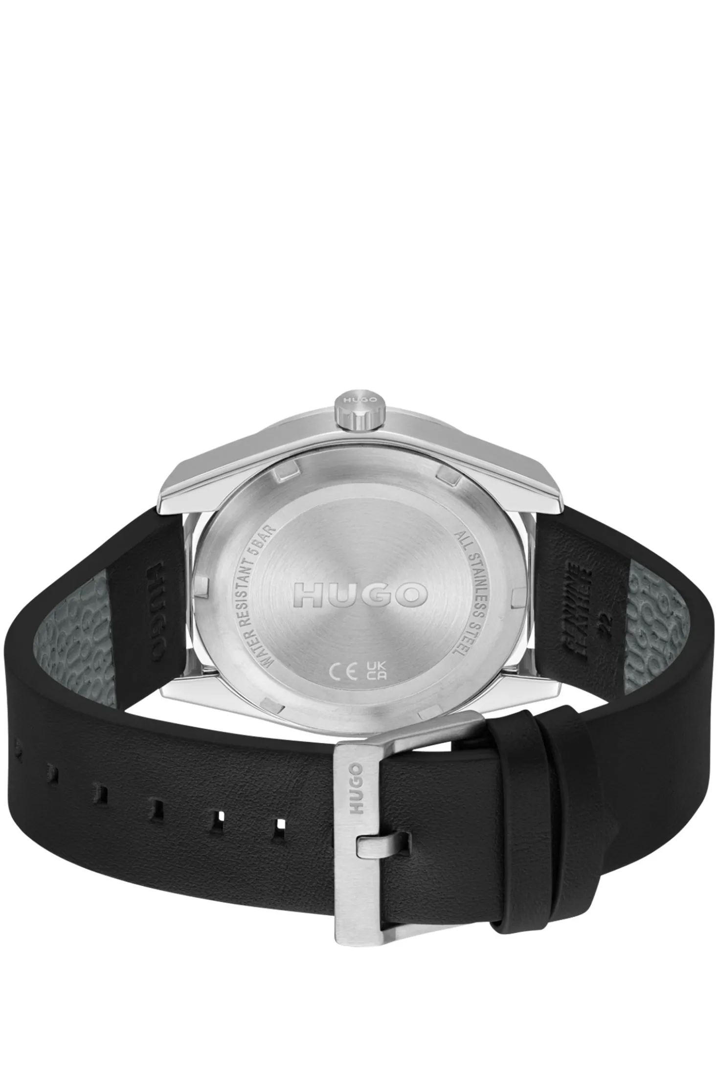 Leather-strap watch with brushed black dial