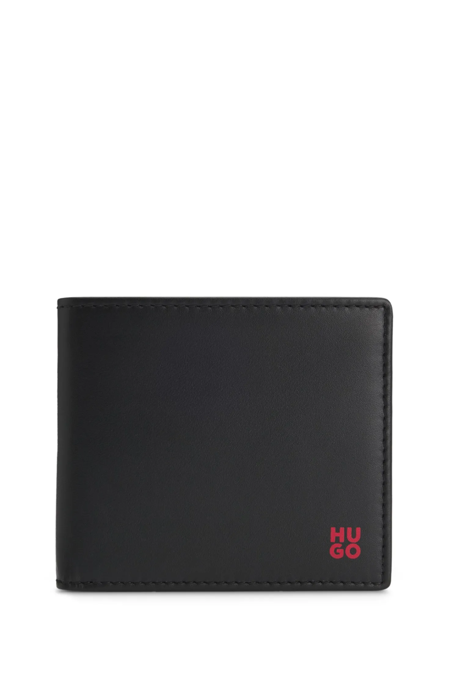 Leather wallet with red stacked logo and coin pocket