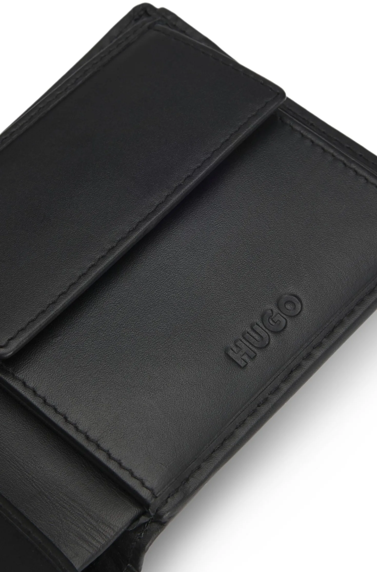 Leather wallet with red stacked logo and coin pocket