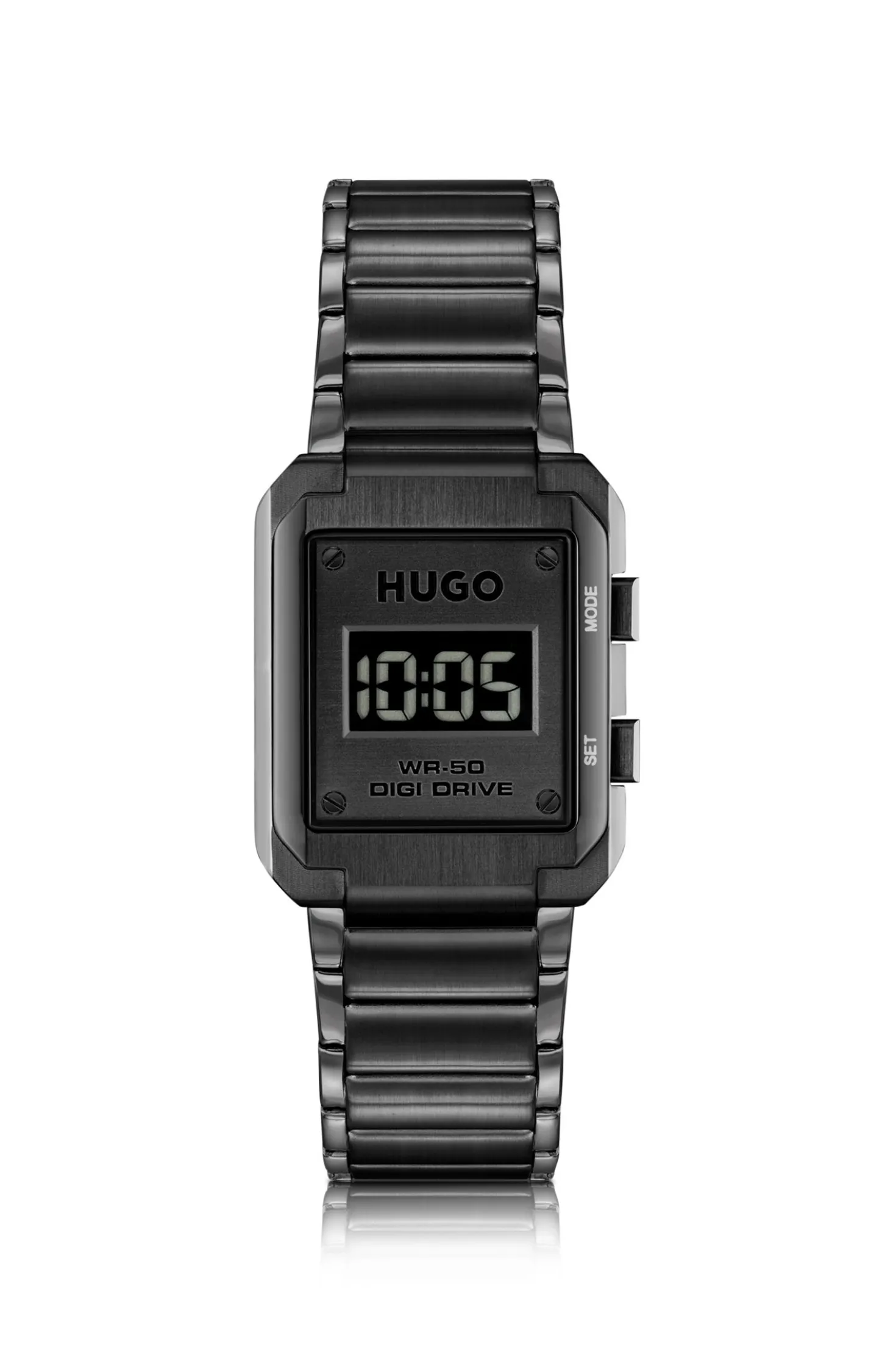 Link-bracelet digital watch with black dial