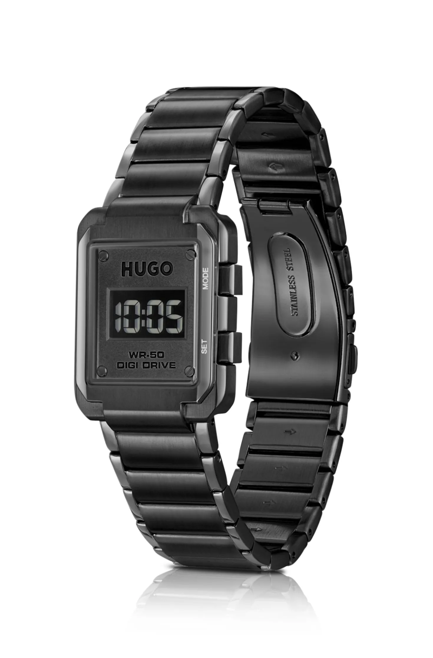 Link-bracelet digital watch with black dial