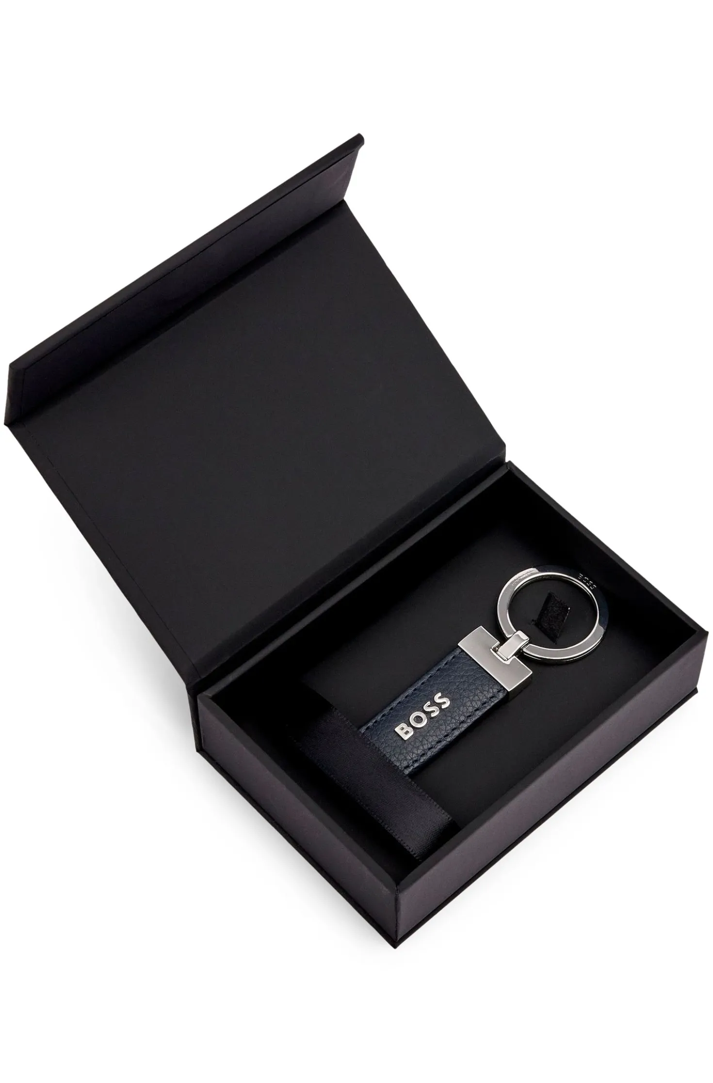 Logo key ring in navy grained leather and brass