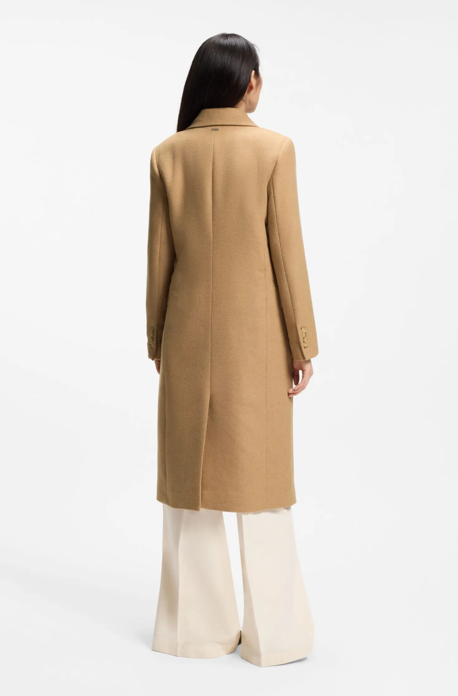 Long-length twill coat with double-breasted closure