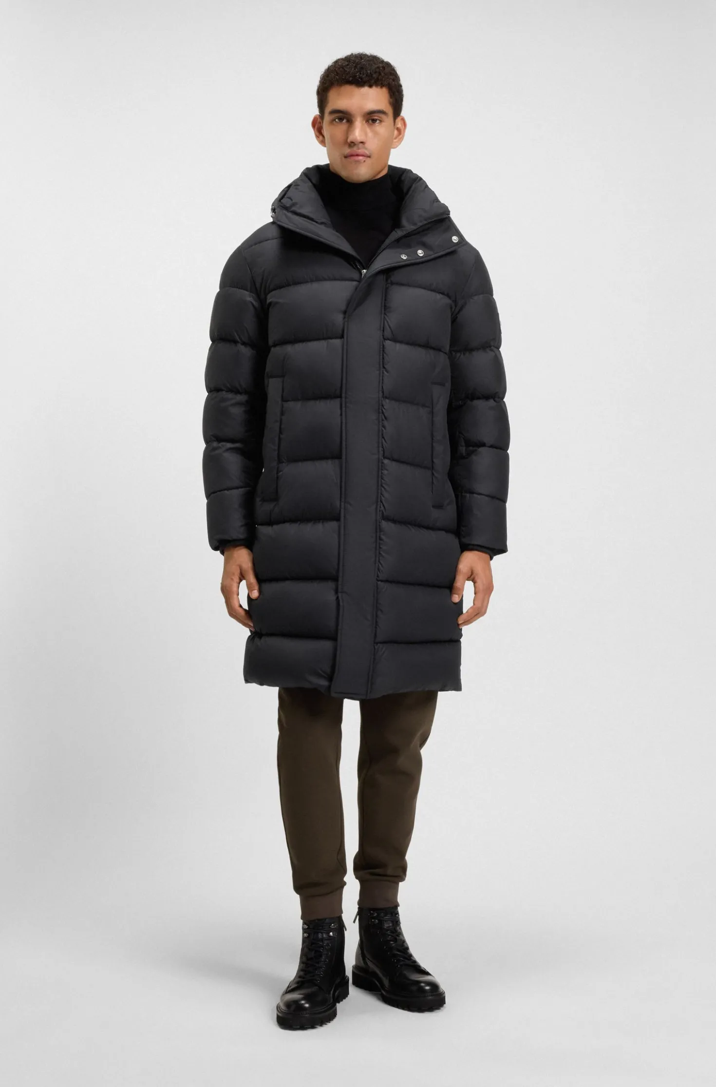 Longline water-repellent padded jacket with hood