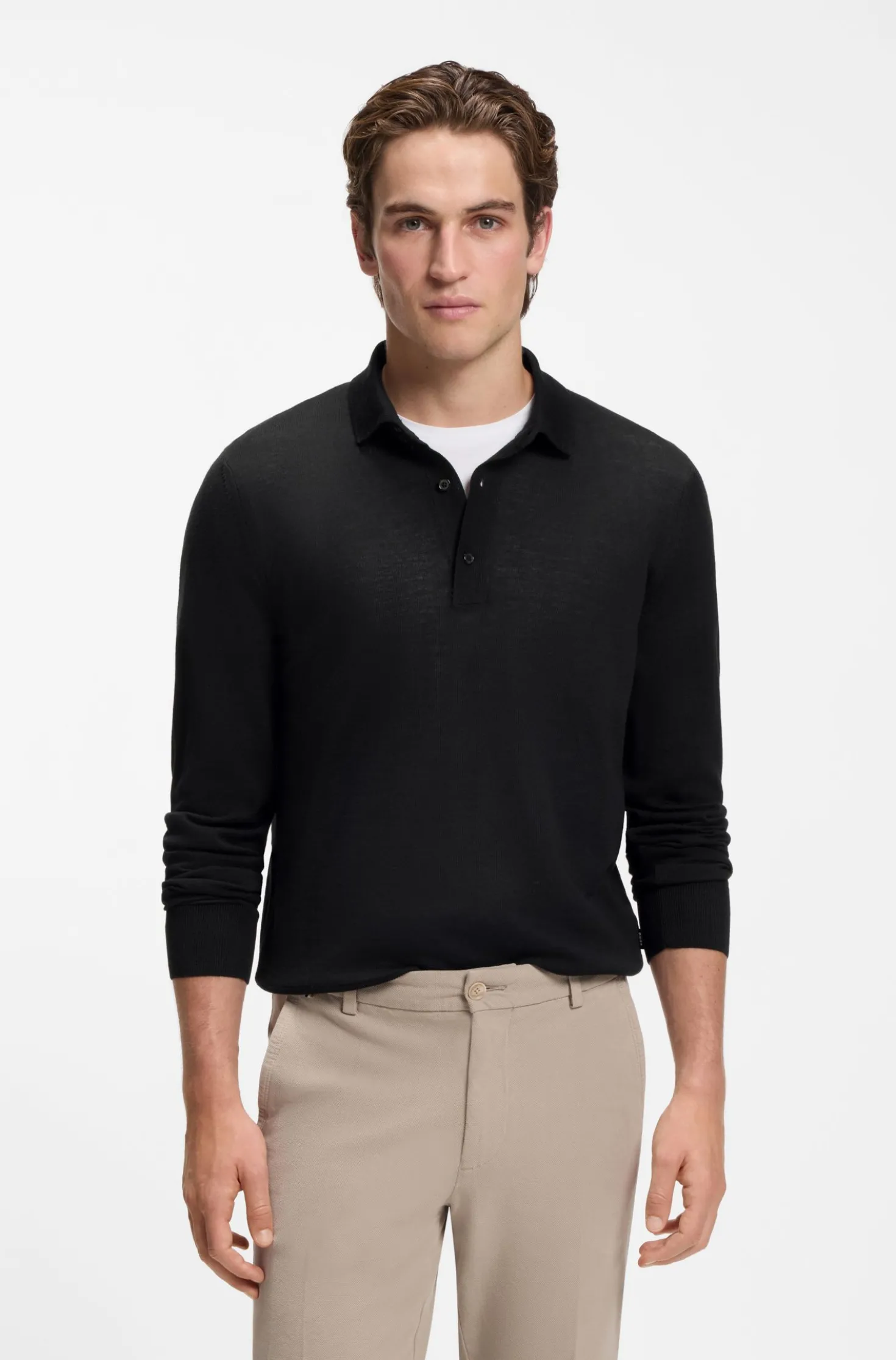 Long-sleeved polo sweater in Merino wool