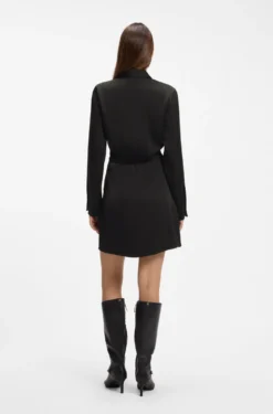 Long-sleeved wrap dress in satin with stacked logo