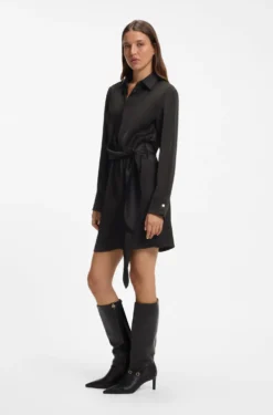 Long-sleeved wrap dress in satin with stacked logo