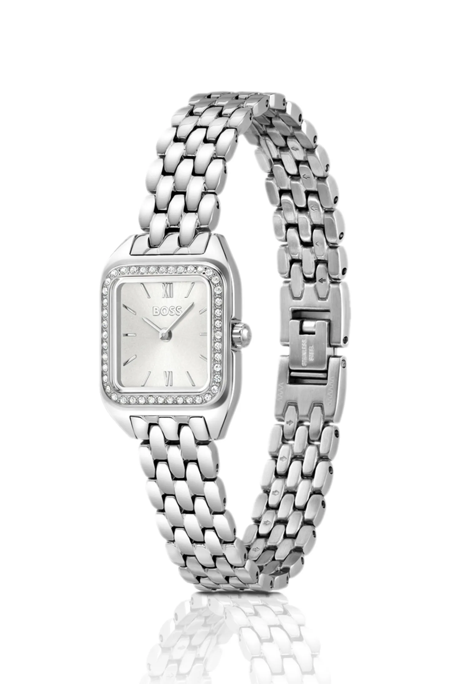 Mae Petite stainless-steel watch with crystal-set bezel