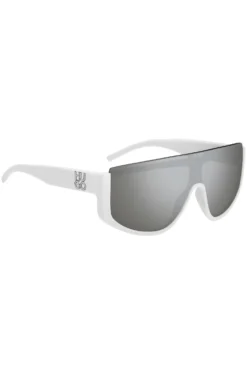 Mask-style sunglasses in white with stacked logo