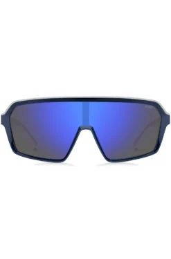 Mask-style sunglasses with blue shaded lenses