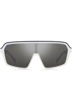Mask-style sunglasses with grey shaded lenses