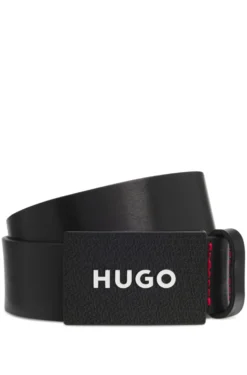 Matte leather belt with branded plaque buckle