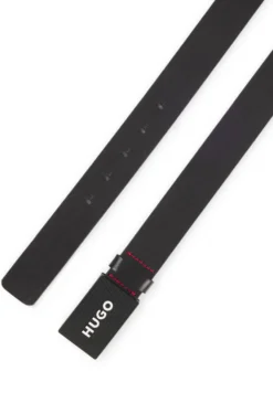 Matte leather belt with branded plaque buckle