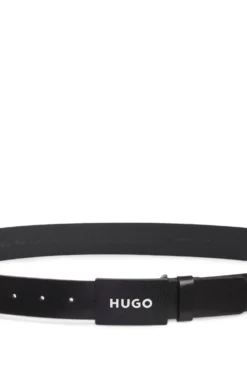 Matte leather belt with branded plaque buckle