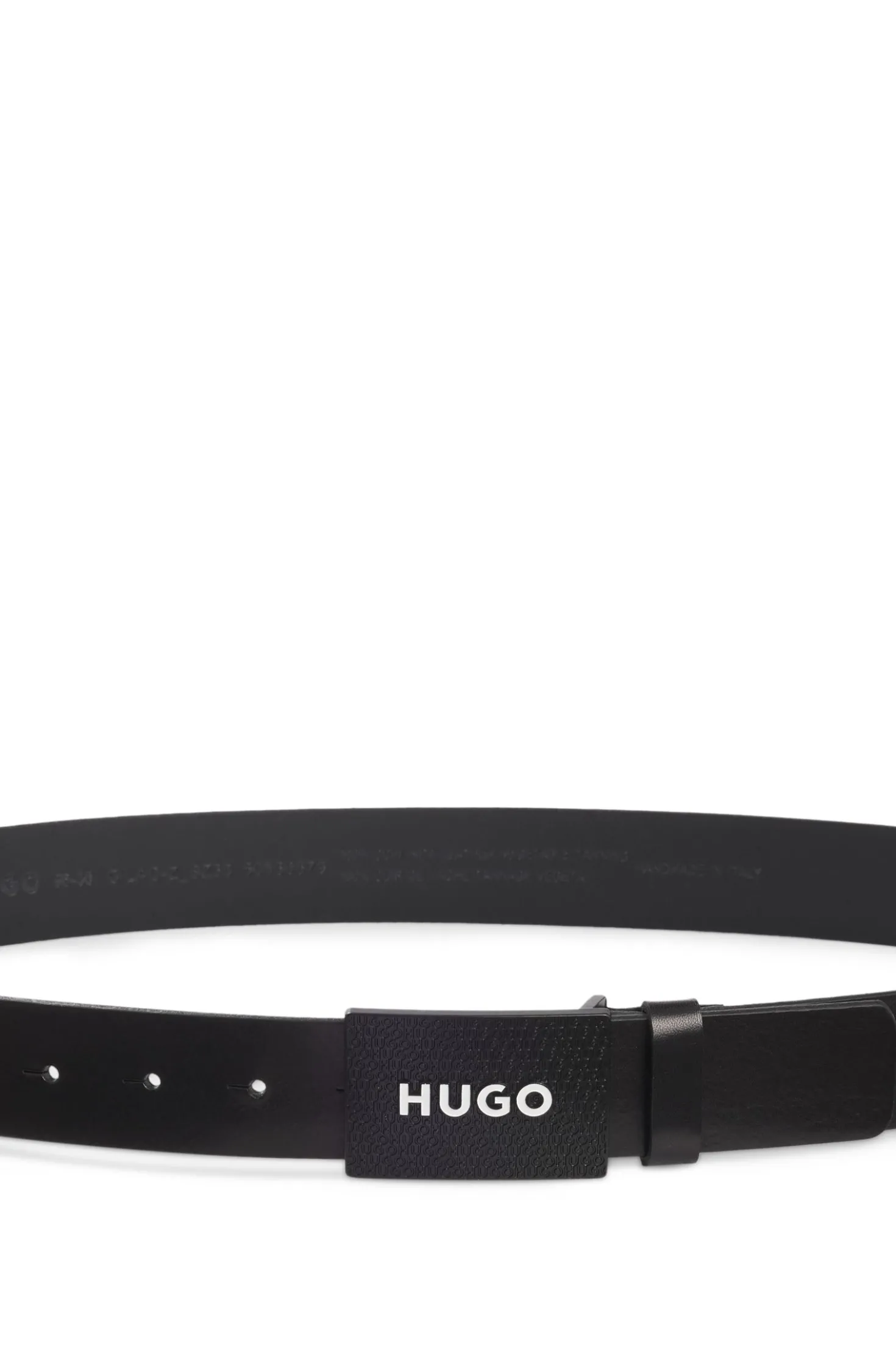 Matte leather belt with branded plaque buckle