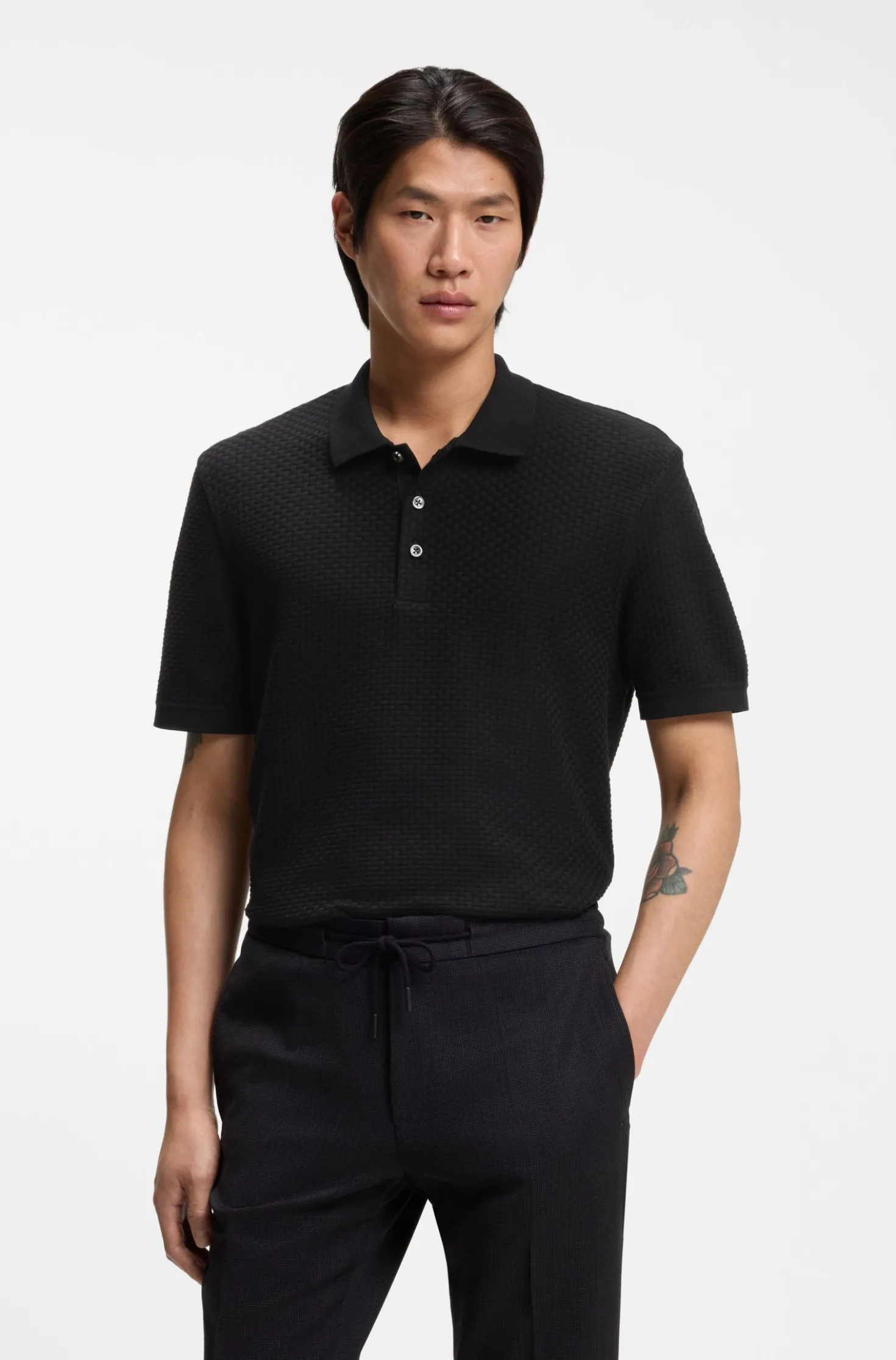 Mercerised-cotton polo shirt with basket weave
