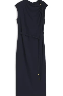 Midi-length dress with gathered shoulder detail