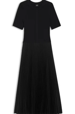 Mixed-material dress with plissé skirt