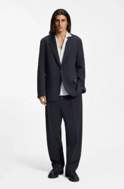 Modern-fit trousers in performance-stretch seersucker