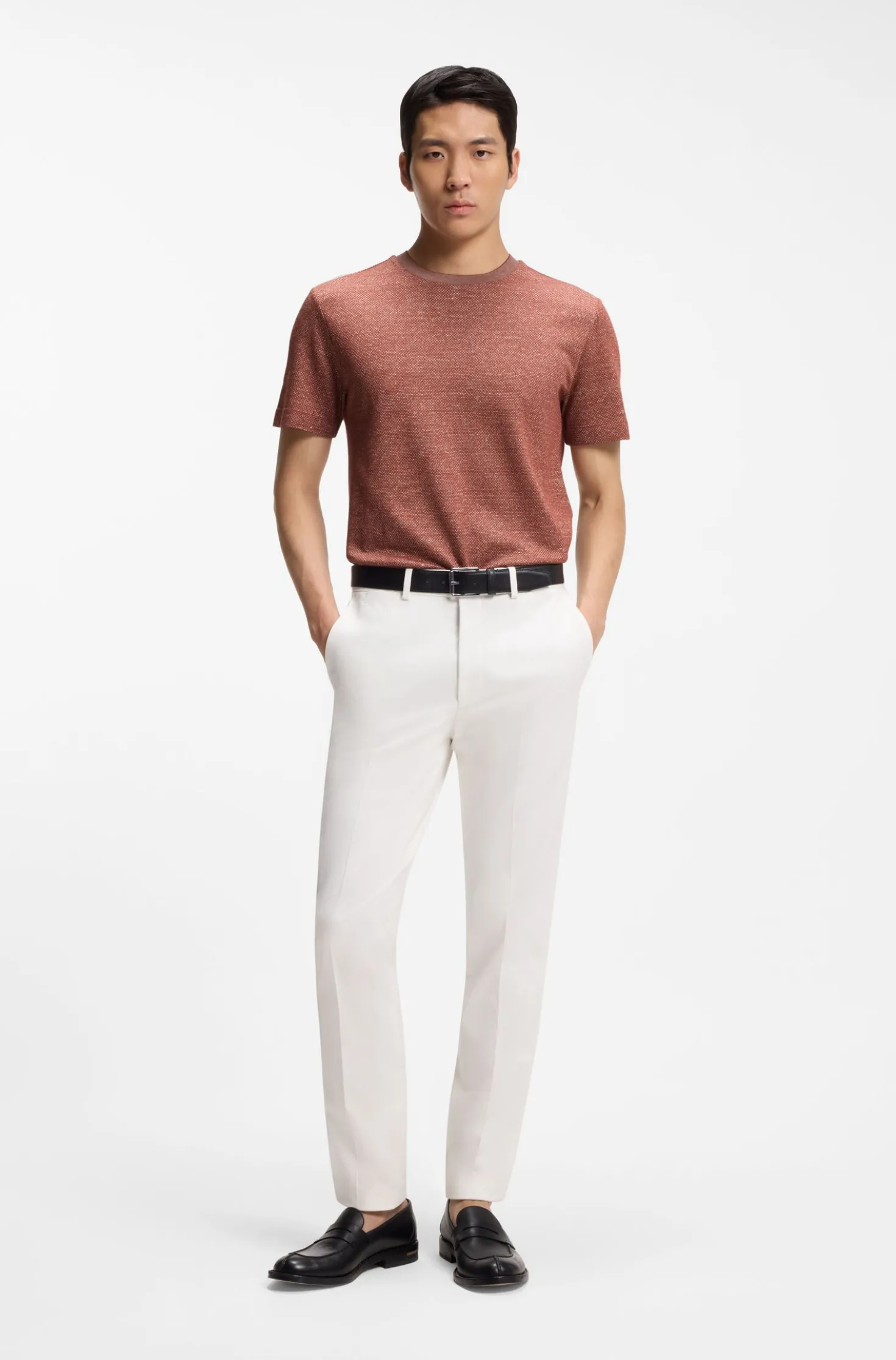 Mouliné-structured T-shirt in cotton, linen and silk
