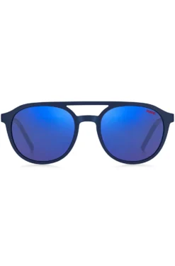 Navy-acetate sunglasses with blue lenses and patterned temples