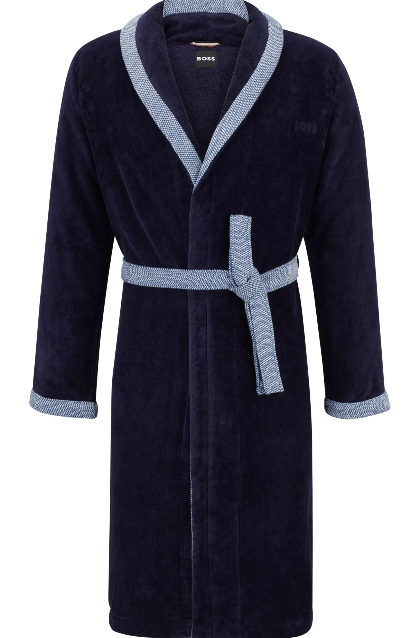 Navy cotton-velvet dressing gown with embroidered logo